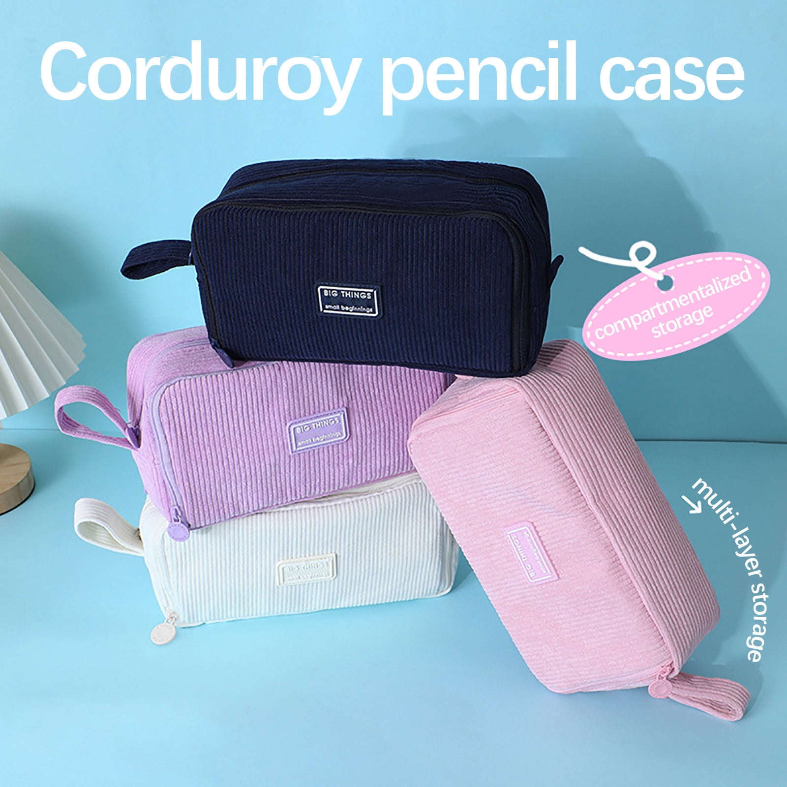 Iuhan 5Pcs Large-Capacity Pencil Pouch, Corduroy Pen Case, Multi-Compartment Organizer for Pens Markers, Durable Stationery Bag, Study Supplies for Study Office