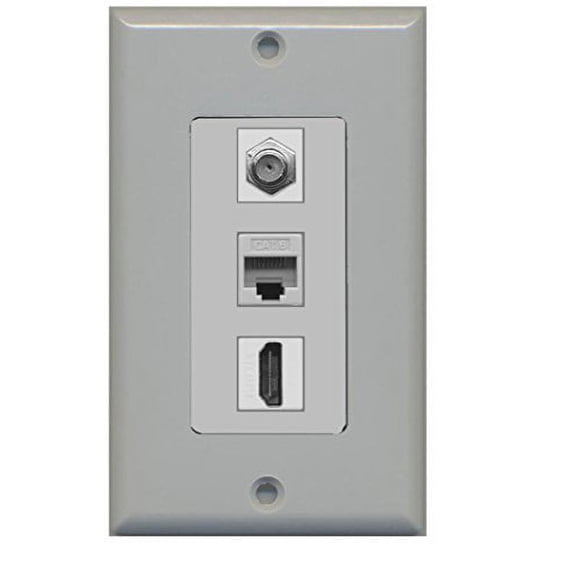 RiteAV Decorative 1 Gang Wall Plate (Gray/Gray) 3 Port - Coax (Gray) Cat6 (Gray) HDMI (Gray) - Gray/Gray