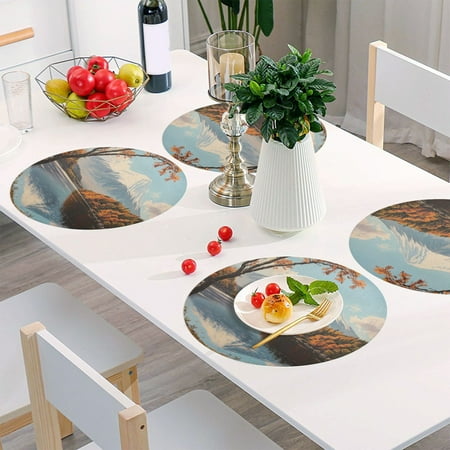 

Round Grid Placemat One Sizex4 Round Placemat PVC Plate Mat，15.4 Inch Non-Slip and Heat Resistant Table Placemat Dining Room Placemat Autumn Mount Fuji