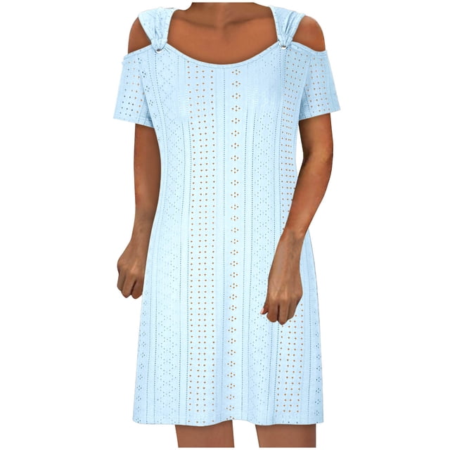 lSLJS Women's Casual Loose Solid Round Neck Lock Dress, Sundress Summer Beach Dresses