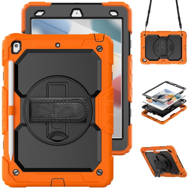 XYX For iPad 9th/8th/7th Generation 10.2 inch Case, 360 Rotating Shockproof Cover with Stand, Screen Protector, Shoulder Strap, Orange