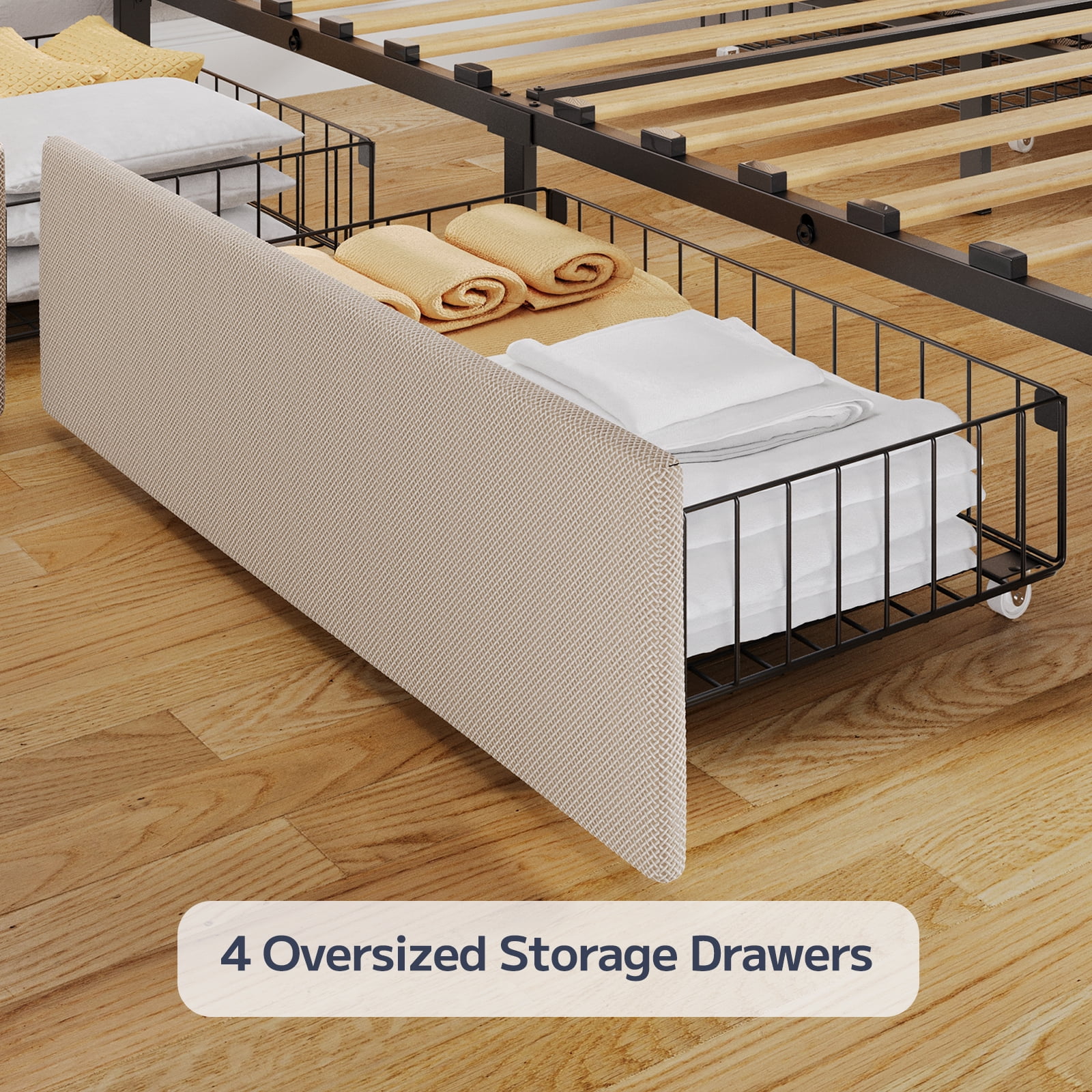 Adjustable Headboard Upholstered Queen Bed Frame with 4 Storage Drawers – Noise-Free, Wooden Slats Support, Fits 6"-12" Mattress, No Box Spring Needed, Beige