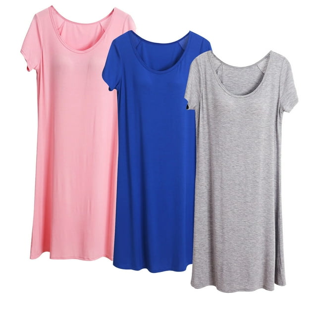Kaemgyyd Lot de 3 Chemises de Nuit Grande Taille pour Femmes, Douces et Confortables, Manches Courtes, Robe de Nuit avec Soutien-Gorge Intégré, Robes de Détente pour Femmes