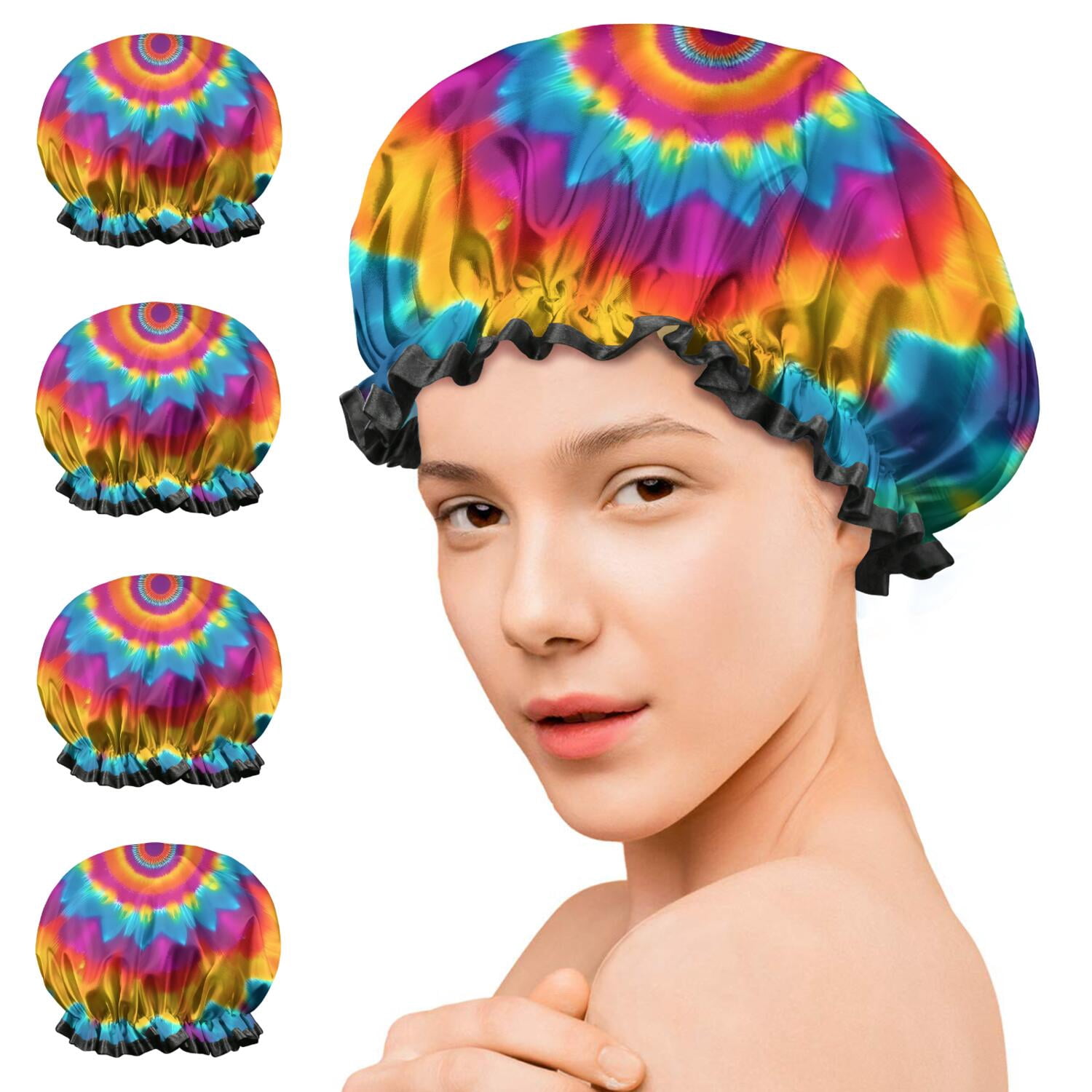 Shower Caps,Colorful Rainbow Tie Dye Spiral Pattern Waterproof Shower Cap for Women 4 Pieces,Double Reusable Hair Cover for Shower PEVA Elastic Stretch Hem
