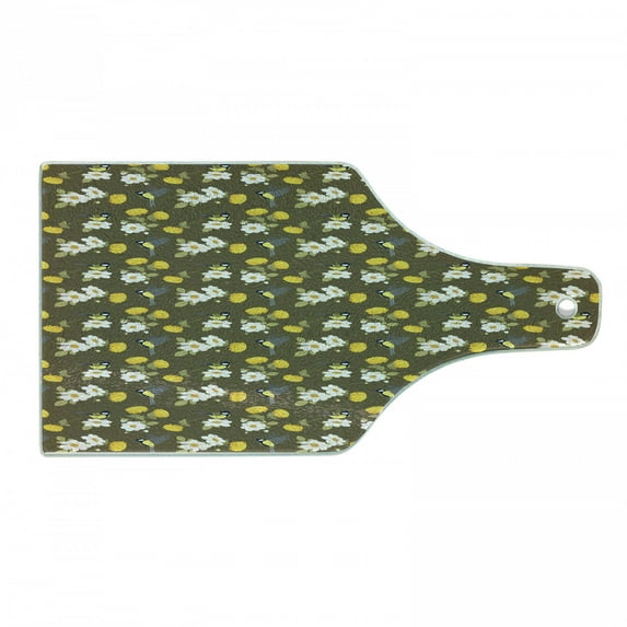 Yellow Bird Cutting Board, Vintage Inspired Avian Pattern with Dahlias Chrysanthemum and Titmouse, Decorative Tempered Glass Cutting and Serving Board, in 3 Sizes, by Ambesonne
