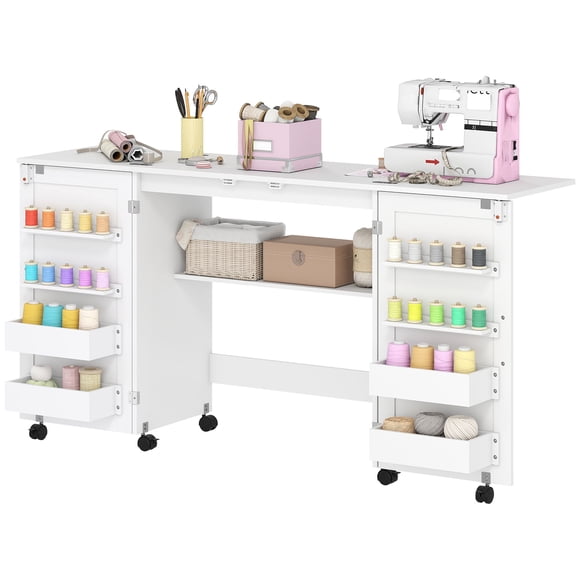 Folding Sewing Machine Table with 20 Spool Pegs and 4 Bins, White Craft Table with Storage Shelf and Lockable Wheels, Space-Saving Folding Desk for Home Office or Craft Room