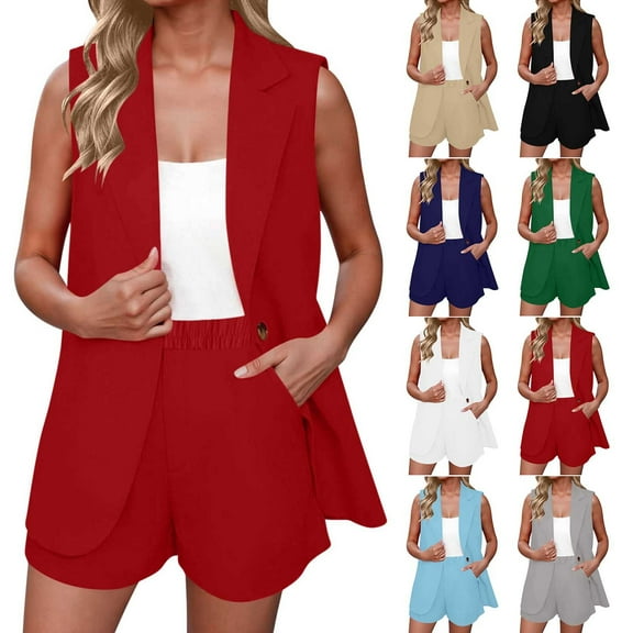 Axiiglly Vest Sets Women 2 Piece Outfits Single Button Dressy Shorts Set with Pockets Loose Fit Business Casual Outfits