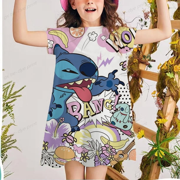 Vestido de verano con estampado de puntadas de Disney para niñas, ropa para niños de 12 años, vestidos de fiesta de dibujos animados para niños a la moda, dulces y frescos, 6T Gao Jinjia LED