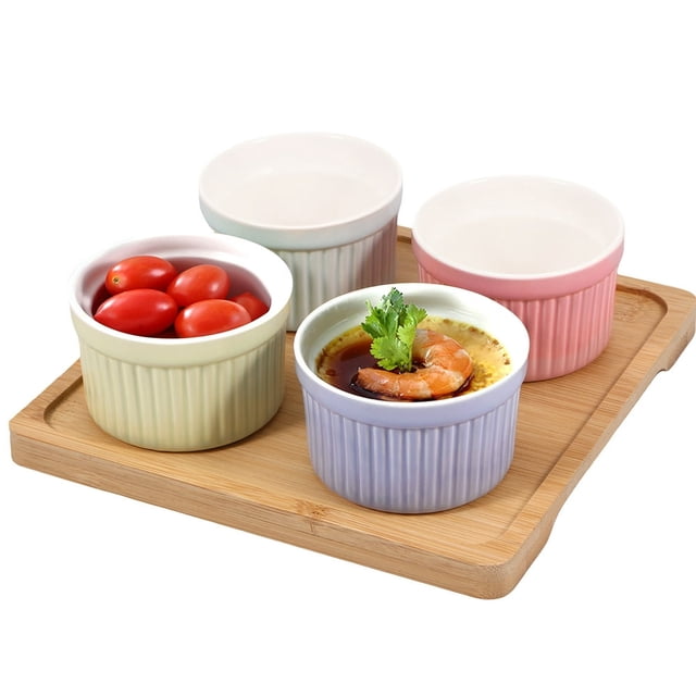 4Pcs Ceramic Ramekins 4 oz Oven Safe Small Baking Bowls Set Stackable Creme Brulee Baking Cups Multipurpose Mini Bowls Small Souffle Dishes for Baking Pudding Serving Dip Custard