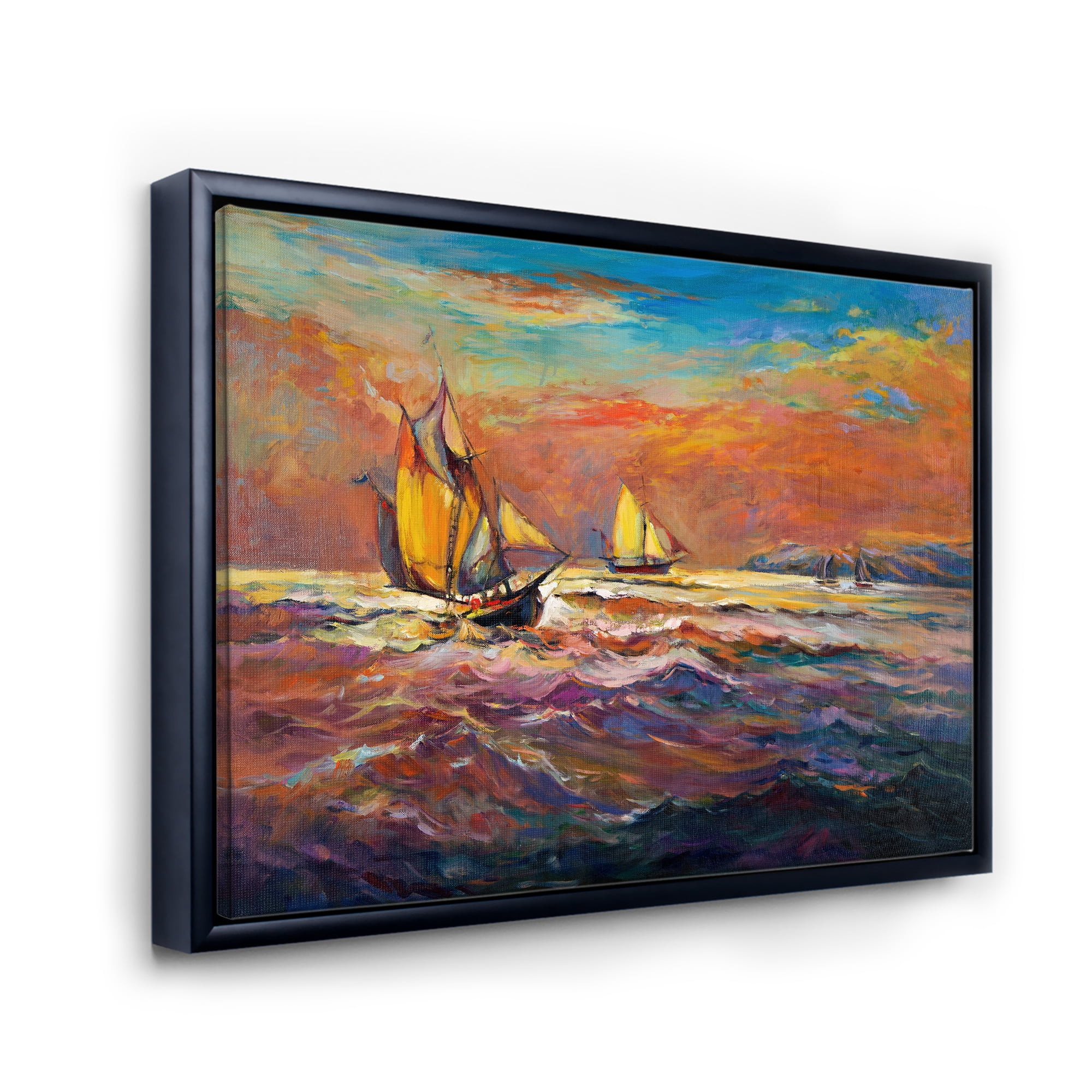 Designart 'Sailships On The Ocean Waves During Orange Evening Glow' Nautical & Coastal Framed Canvas Wall Art Print