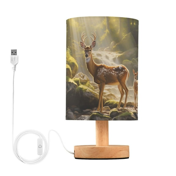 Deers Forest Trees Lake Table Lamp USB Bedside Desk Nightstand Lamp Printed Gifts Small Lamp Wood Base for Bedroom Living Room Kids Room College Dorm