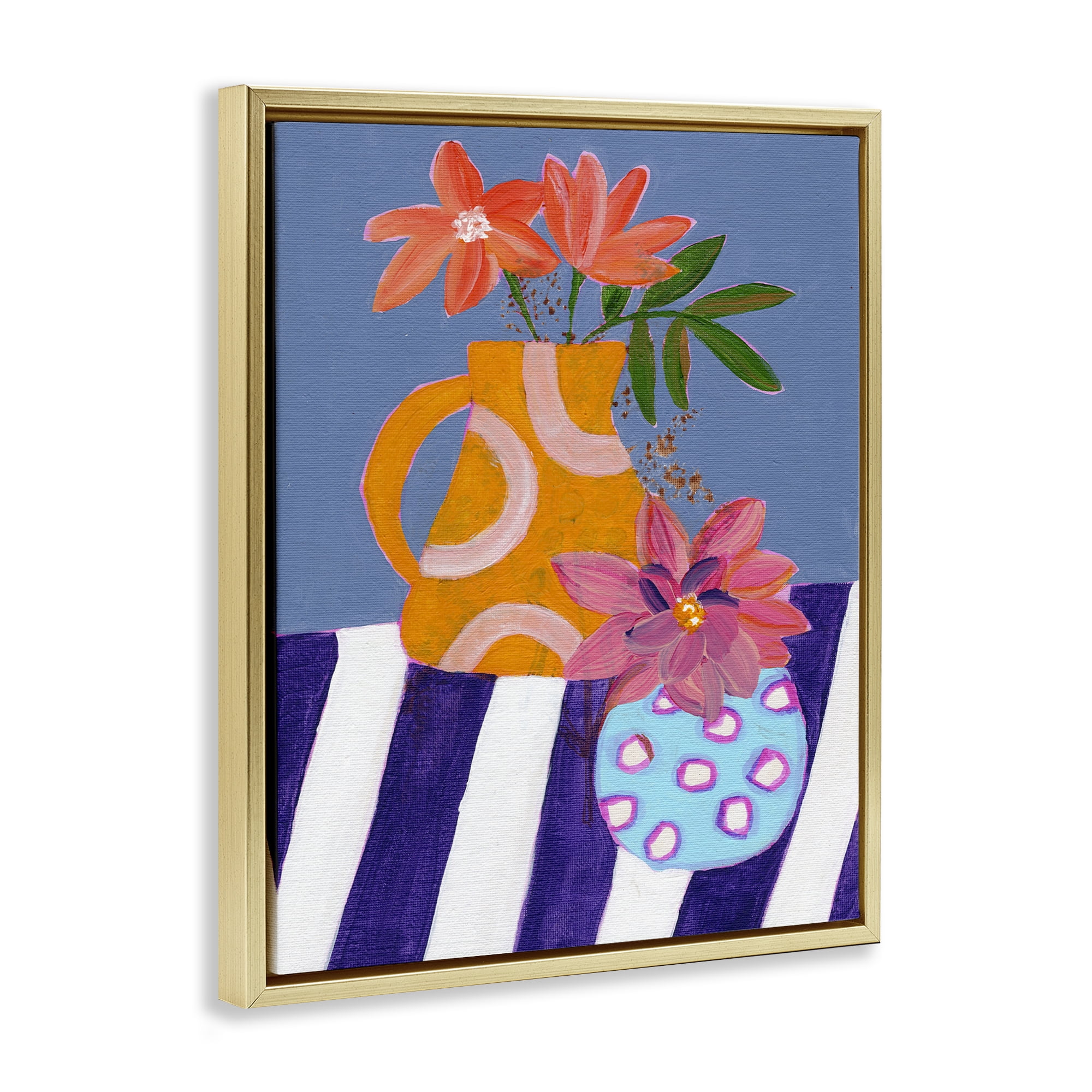 Stupell Industries Blue Whimsy Farm Vase Plants & Flowers Painting Gold Floater Framed Canvas Art Print Wall Art, 17 x 21