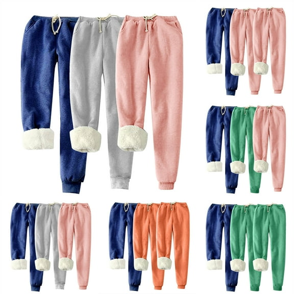 Fartey 3 Pack Plus Size Women Winter Warm Fleece Joggers Pants Elastic Waist Drawstring Sweatpants Thicken Outdoor Pants with Pockets Gray M