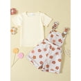 thumbnail image 4 of Aojekbee Toddler Girl Summer Outfit Solid Color Ribbed Short Sleeve Tops and Flower Print Suspender Shorts Overalls 2Pcs Clothes Set, 4 of 10