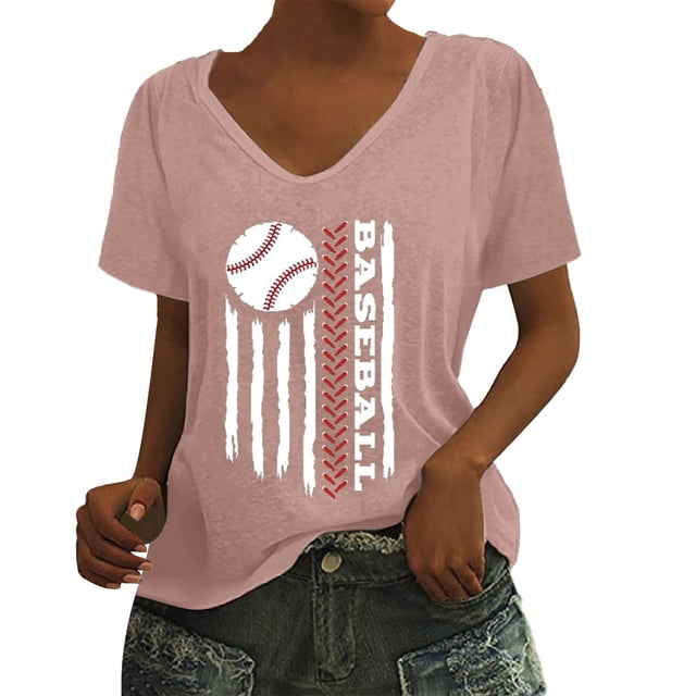 T-Shirt à Manches Courtes pour Femmes Liquidation T-Shirt en Chiffon pour Femmes T-Shirt de Baseball Imprimé Lettres de Baseball Col en V Manches Courtes