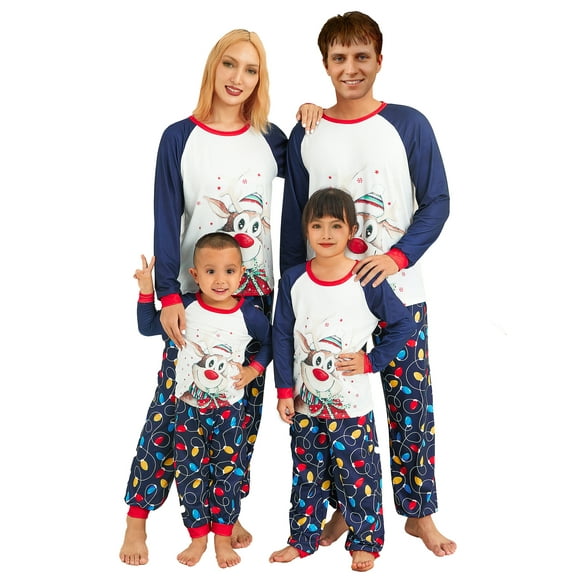 Christmas Matching Family Pajamas, Cartoon Elk Snowflake Star Print T-shirt String Light Print Trousers for Couple Kids Baby