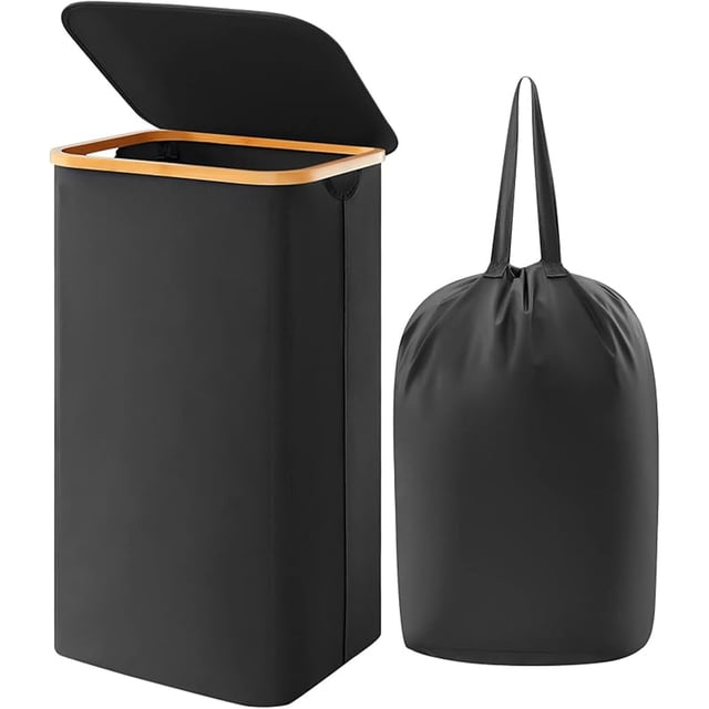 Lifewit Cesto para la Ropa Sucia de 100 L con Tapa, Cesta para la Colada con Asas de Bambú y Bolsa Extraíble, Cesto de Ropa Plegable Grande para Dormitorio, Cuarto de Ba&ntil
