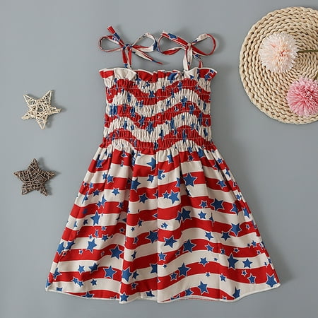 

Lolmot 4th of July Toddler Baby Girl Dress Summer Sleeveless Stars Striped Sundress Independence Day American Flag Dresses 1-5T on Clearance