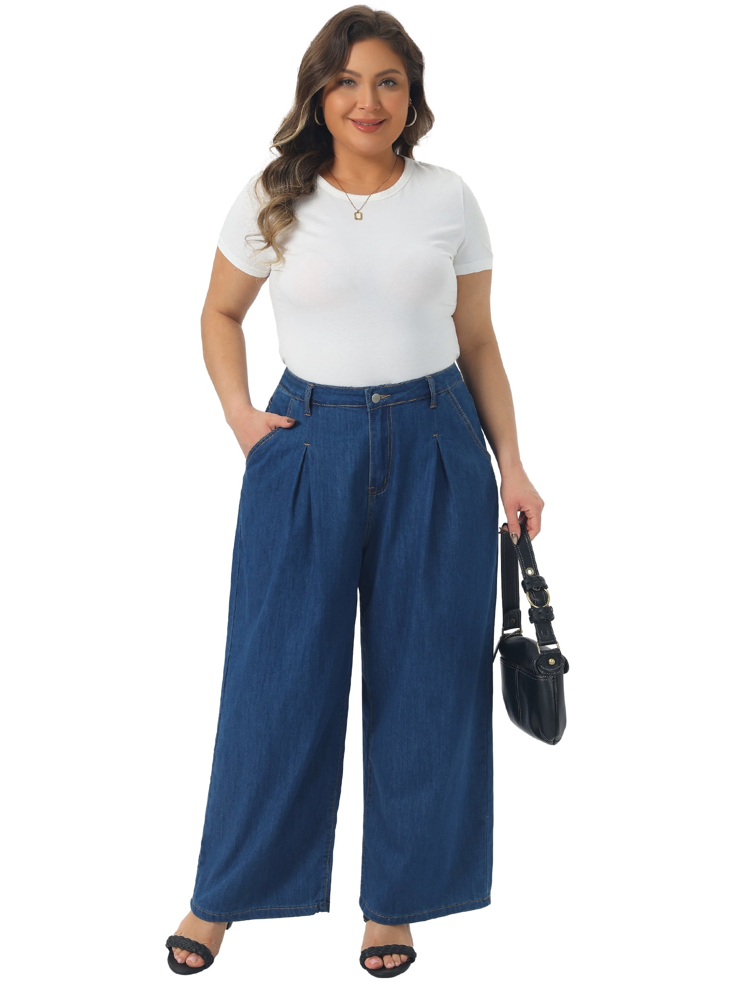 DARING DIVA Women's Plus High Waisted Loose Stretchy Y2K Trousers Denim Pants 1X Blue