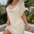 thumbnail image 4 of Antinious Ladies V-Neck Short Sleeve Hand Crochet Neck Splice Solid Coverup Versatile Casual Dress, 4 of 5
