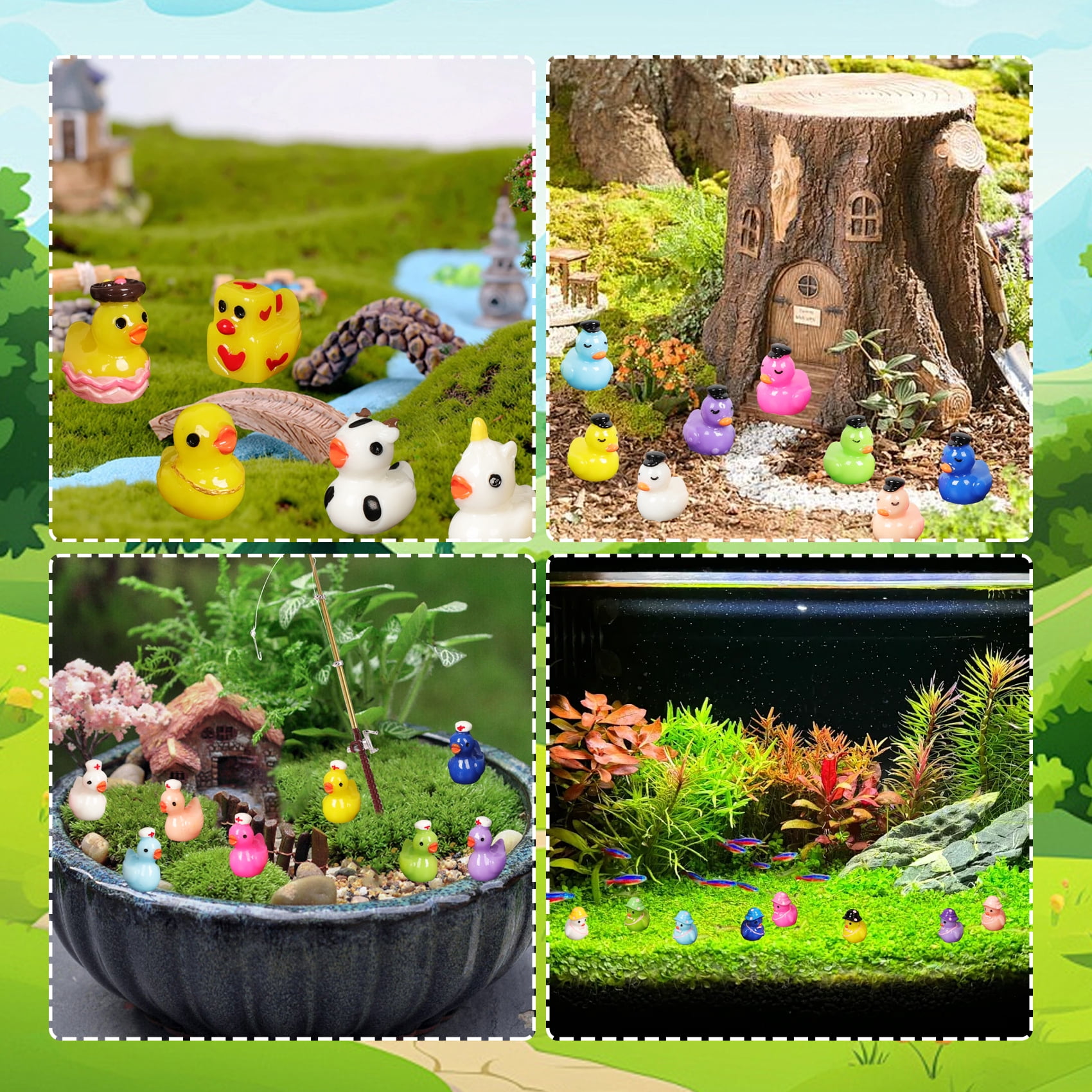 100 Pack Multicolor Mini Resin Ducks to Hide, 35 Unique Styles Solid Little Ducks, Tiny Miniature Duck Figures Bulk for Fairy Garden, Dollhouse, Terrarium, Potted Plants & Micro Landscape Decor
