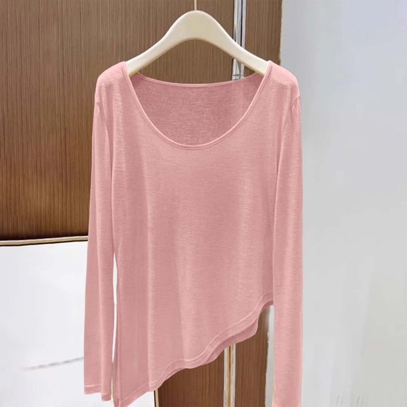 Mifsaly Asymmetric Hem Tops for Women Crewneck Long Sleeve Cover Up Lightweight Breathable Pullover Top Casual Loose Fit Tunic Tee