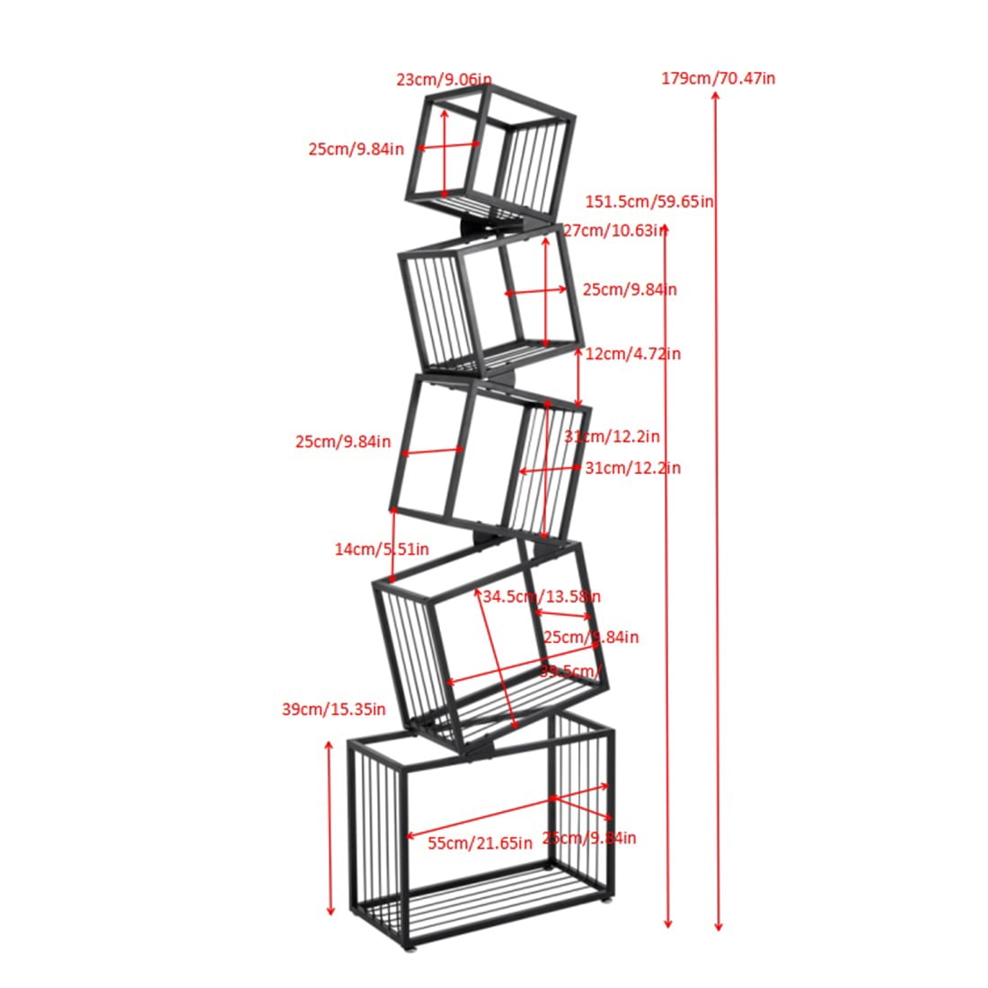 Hommoo Modern Metal Geometric Bookshelf, Modern Narrow Floor Bookcase Storage Organizer for Living Room, Bedroom, Office, Black