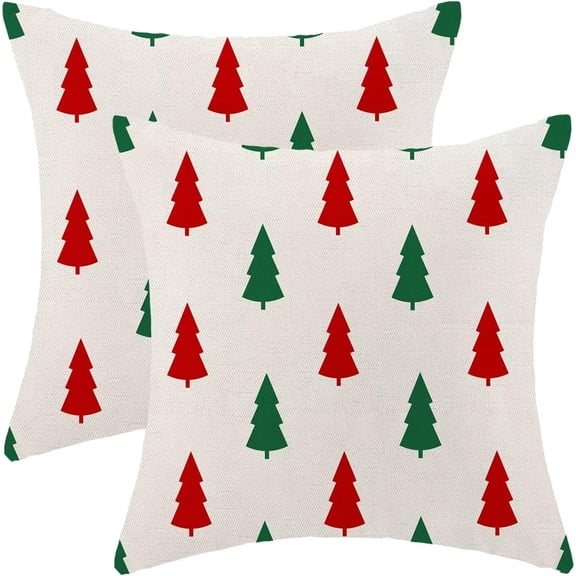 Christmas Pillow Covers 18x18 Inch Set of 2, Green Red Christmas Tree Decorative Throw Pillowcase Outdoor Farmhouse Linen Christmas Tree Cushion Cover for Sofa Couch Living Room Decor