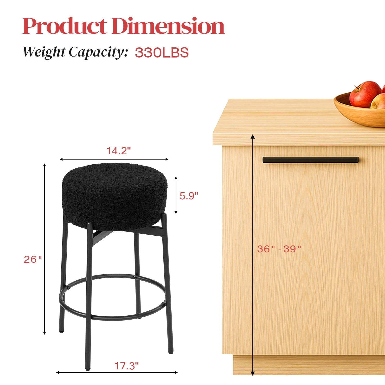 Ktaxon 26" Backless Bar Stools Set of 4, Modern Swivel Barstools with Footrest, Teddy Fleece Padded Counter Height Barstool Chairs 4 pcs, Black