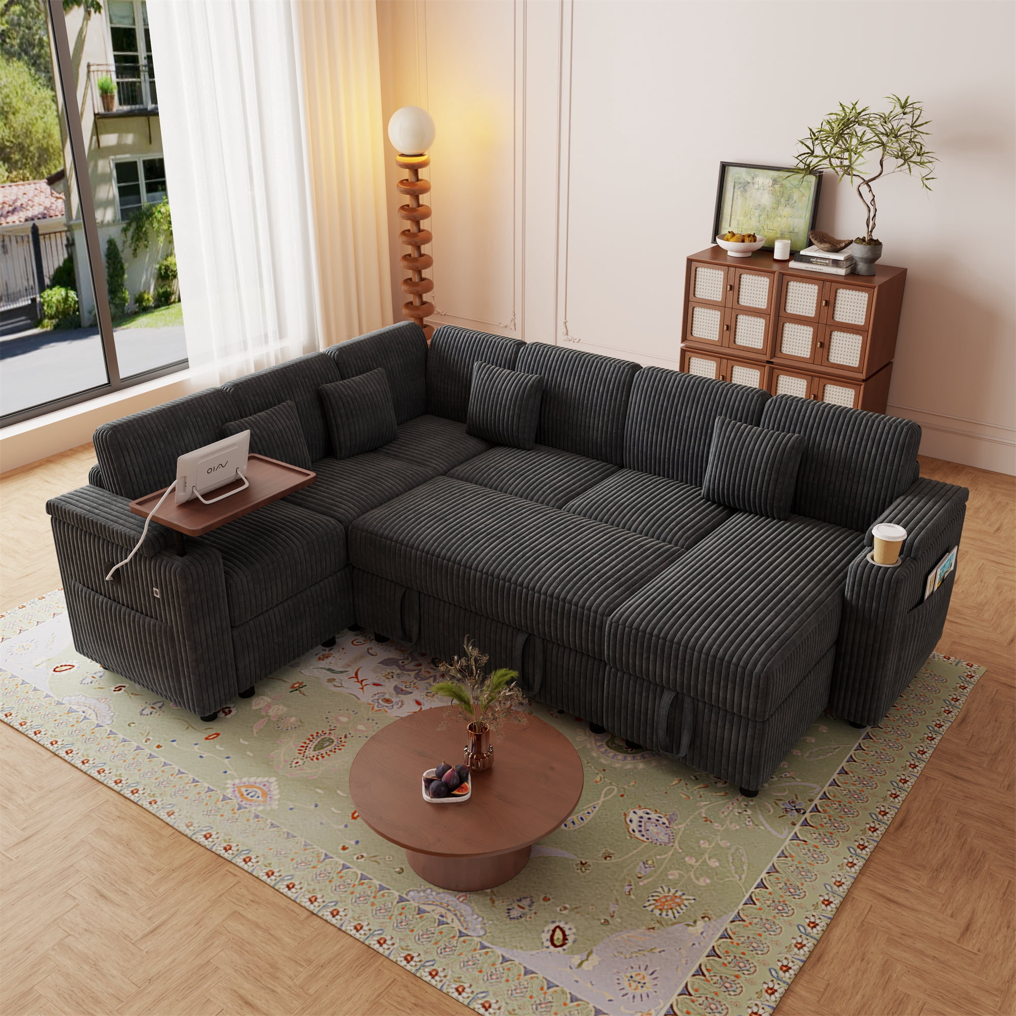 Aukfa 6 Seat L shape Sectional Couch Convertible Sofa Bed with USB &Cupholder Arm Storage Console, Floating Desktop, 4 Pillows, Corduroy, Dark Gray