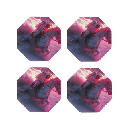 

Fuzoiu Astronaut Riding Fiery Horse Print Leather Coasters Set Drink Coasters Set of 4 for Tabletop Protection Durable PVC Coasters Home Décor and Housewarming Gift-Octagon