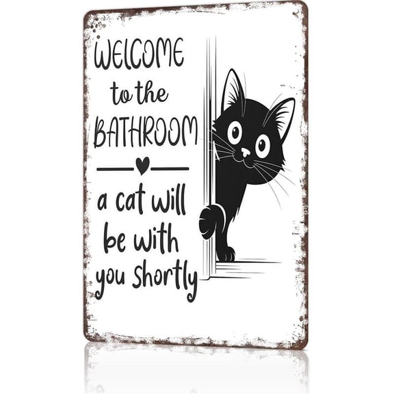 Vintage Cat Bathroom Sign, Funny Metal Tin Sign "A Cat Will Be With You Shortly", 8x12 Inch Tin Poster For Bathroom Home Dorm Decor (Humor, Housewarming, Gift For Cat Lovers)