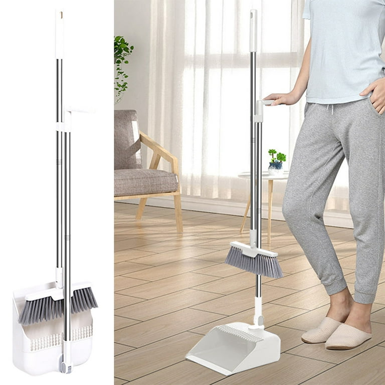 Broom and Dustpan Set for Home with Lid Indoor Upright Dustpan and Broom  Combo Dust Pan with Long Handle Standing Sweeper Angle Broom Sweeping Room