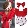 thumbnail image 4 of Douhoow Newborn Girls Jumpsuit Baby Ruffle Romper Backless Cherry Print Bodysuit with Headband, 4 of 7