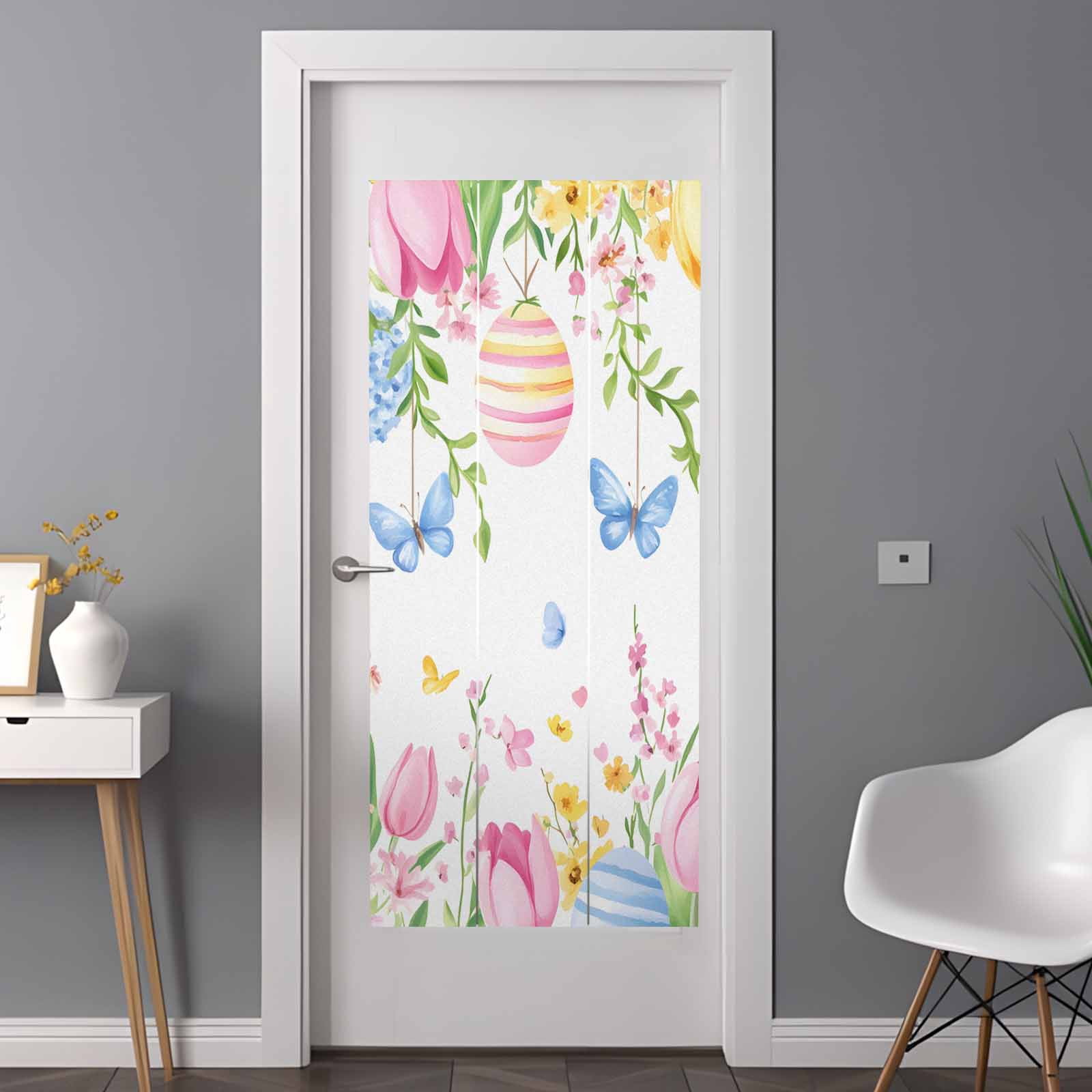 Easter Flowers Window Privacy Film, Watercolor Country Pink Blue Yellow Floral Eggs Butterfly Frosted Glass Window Clings Static Cling UV Heat Blocking Reusable Sticker for Bedroom 35.4x78.7 Inch