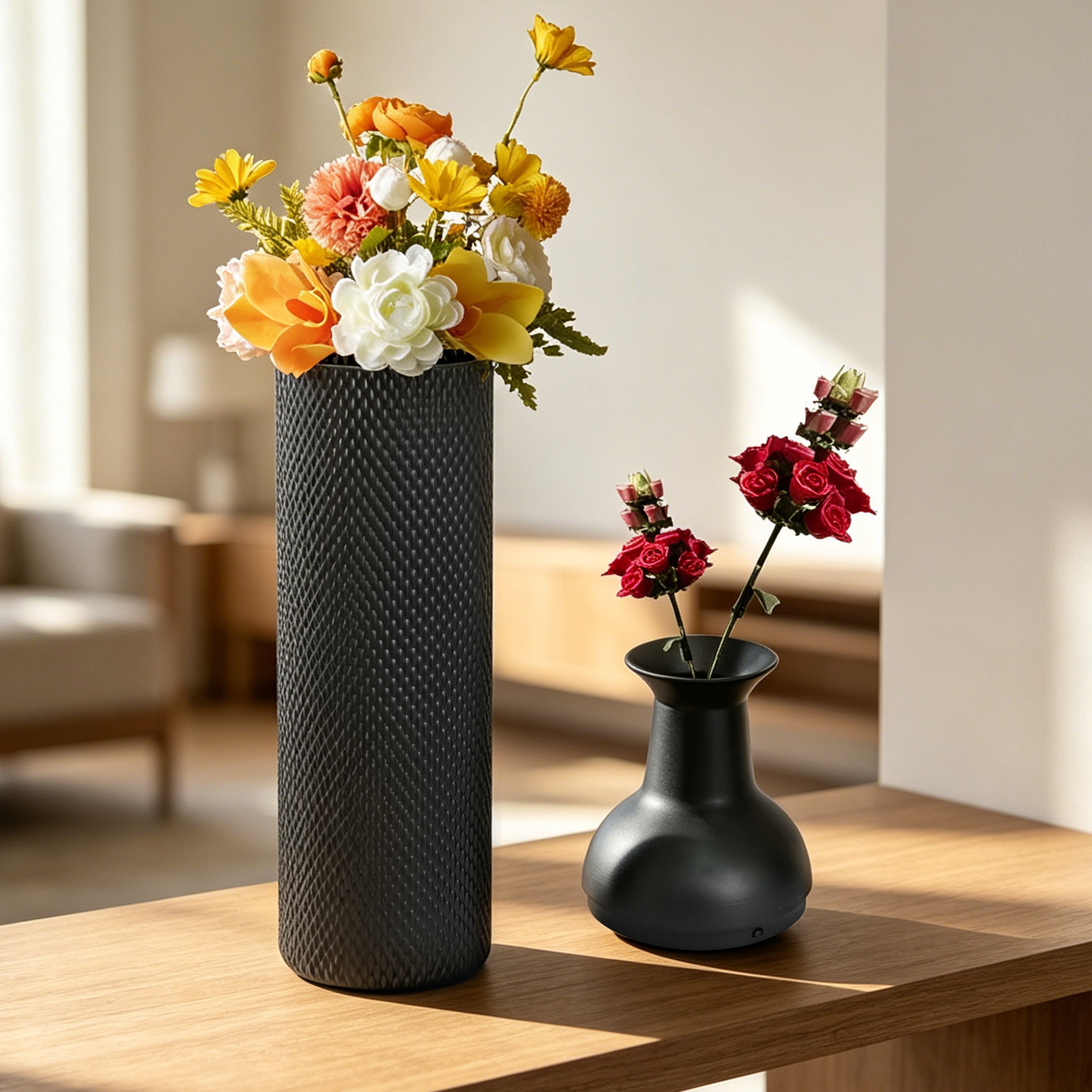 Metal Floor Vases Set of 3 with Leaf Pattern, Tall Decorative Vases and Home Decor Accents for Living Room Entryway, Black and Silver