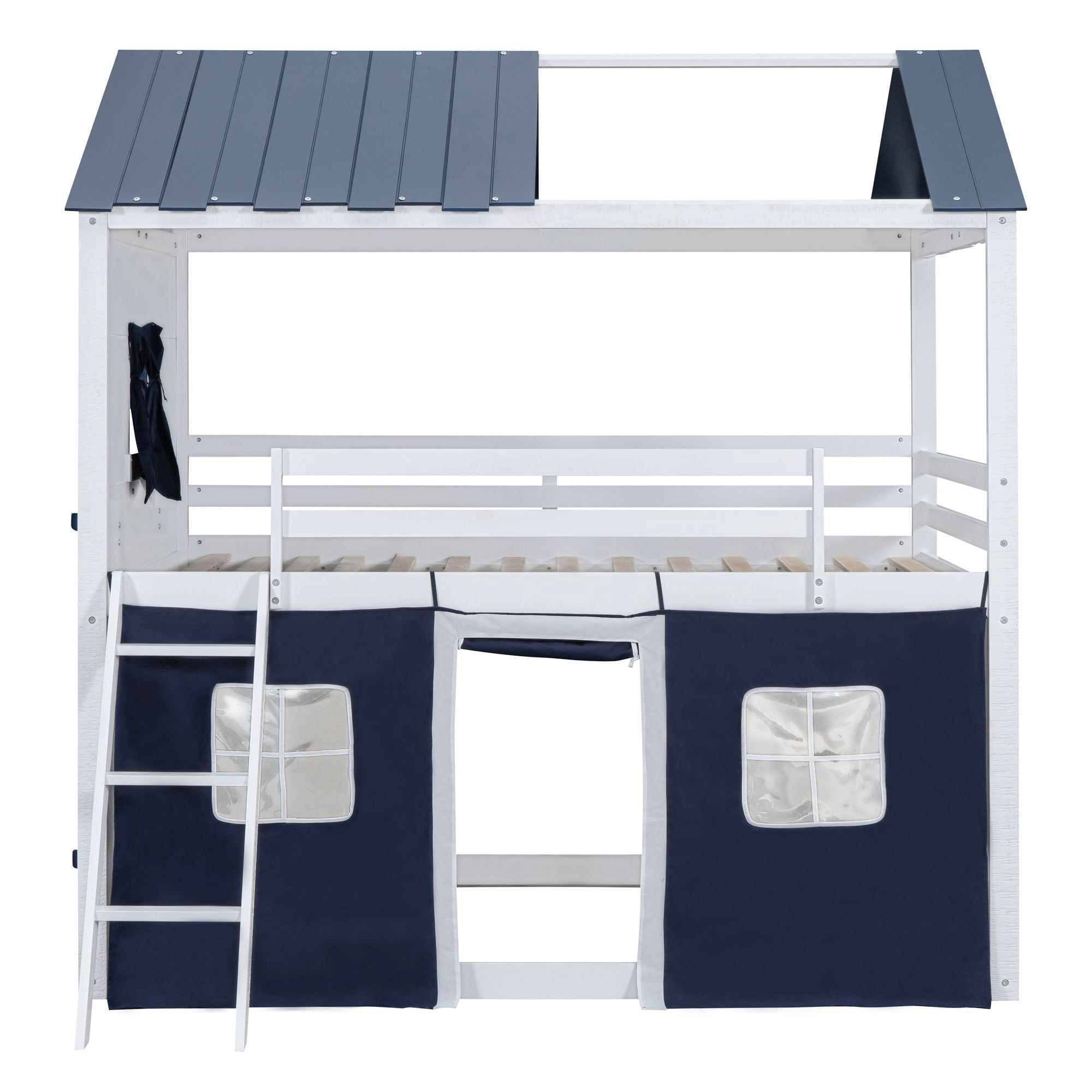 Aukfa Full over Full Bunk Bed with Tent and Roof, Wood Playhouse Bed for Kids, Blue