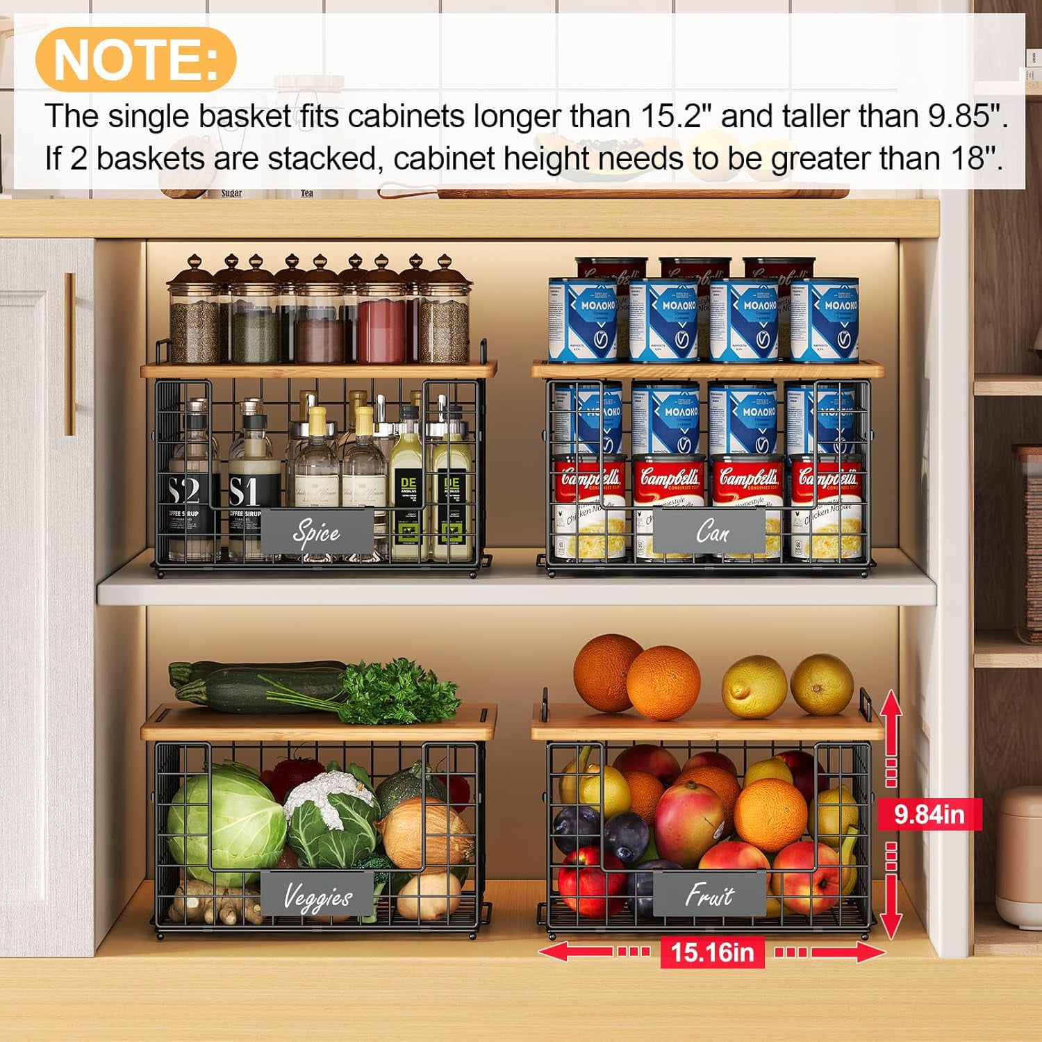 XCOSRACK 2-Pack XXL Stackable Wire Baskets with Bamboo Tops, Heavy Duty Kitchen Counter Organizer for Fruit, Vegetable, Potato & Onion Storage, Includes Cutting Boards, Shelf Liners & Nameplates