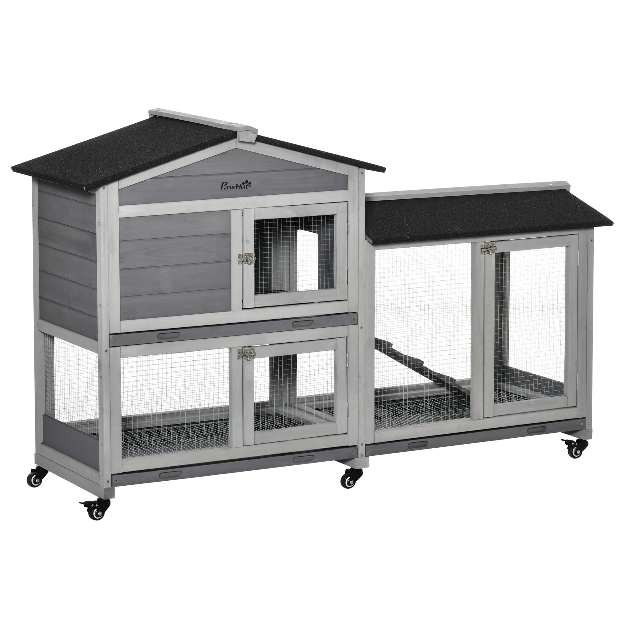Large Wooden Rabbit Hutch with Wheels for Indoor/Outdoor Use, 62 Inch Bunny Cage with No Leak Tray and Ramp, Light Gray