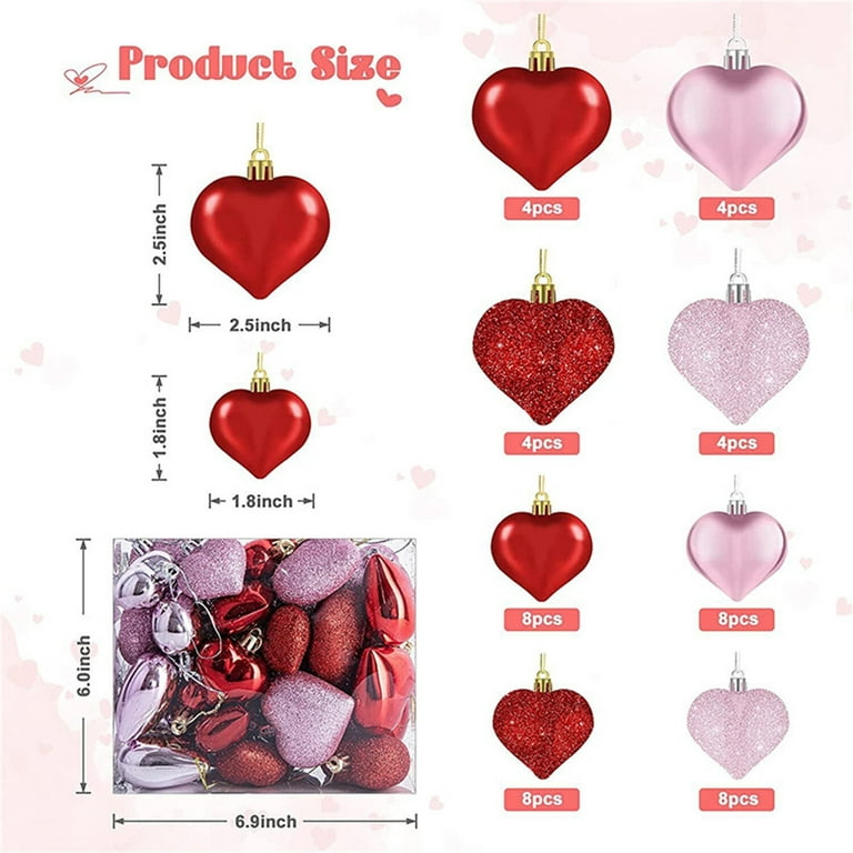 12pcs Valentine'S Day Heart Shaped Ornaments, Valentines Heart Decorations,  Red Glitter Heart Shaped Baubles, Romantic Valentine'S Day Tree Hanging