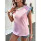 thumbnail image 4 of Camisetas de Verano para Mujer, de Corta, con Bloques de Color, Cuello Redondo, de Punto con Cordón, Holgadas, Informales, Básicas, Blusas, Rosa, Talla M, 4 of 10