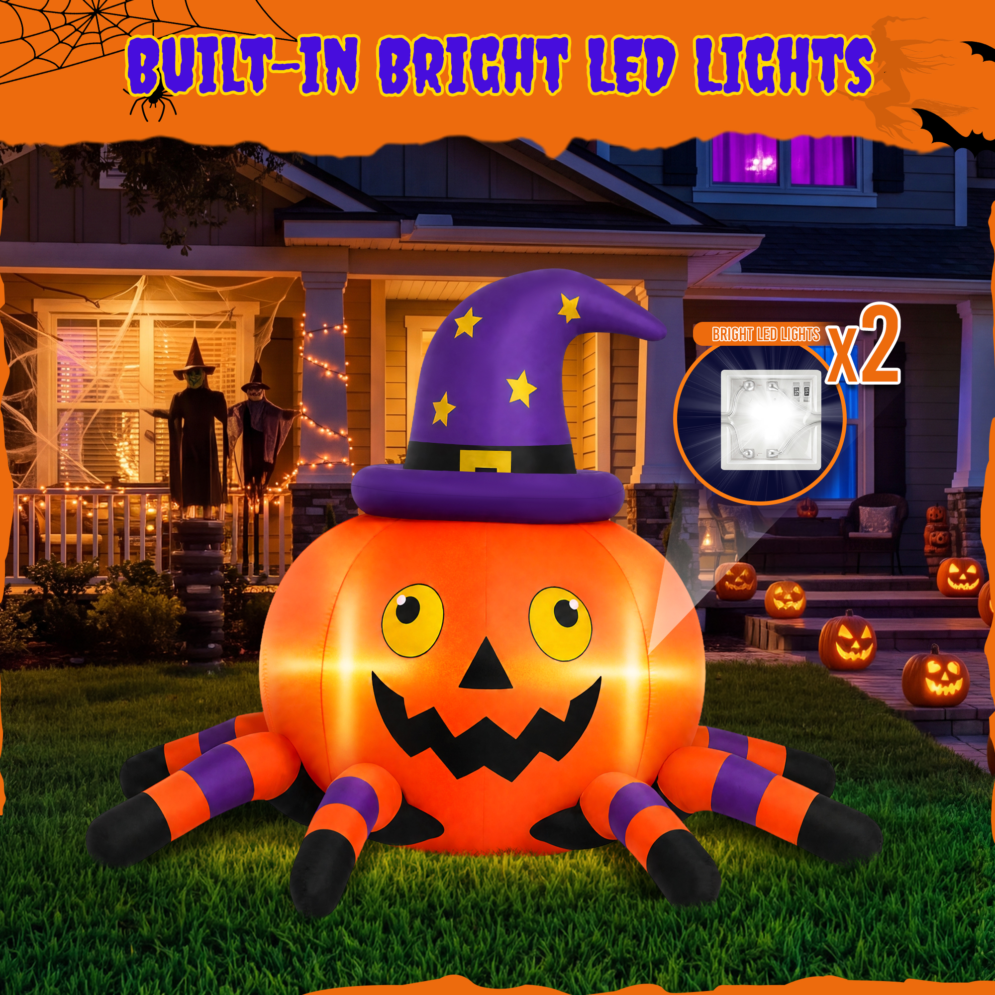 Firstness 6.2 Ft Halloween Inflatable, Pumpkin Spider with LED Lights photo 3