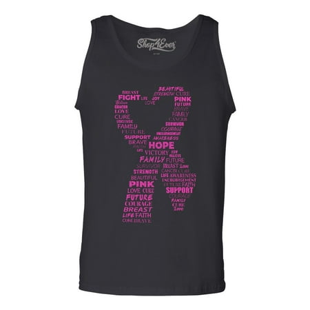Shop4Ever Men's Pink Ribbon Heart Montage Word Cloud Breast Cancer Graphic Tank