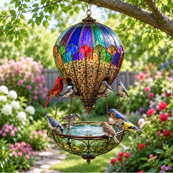 Stained Hot Air Balloon Bird Feeder Fountain, Hanging Wild Bird Seed Feeder with Bird Bath, Outdoor Backyard Patio Yard Decor for Bird Watching