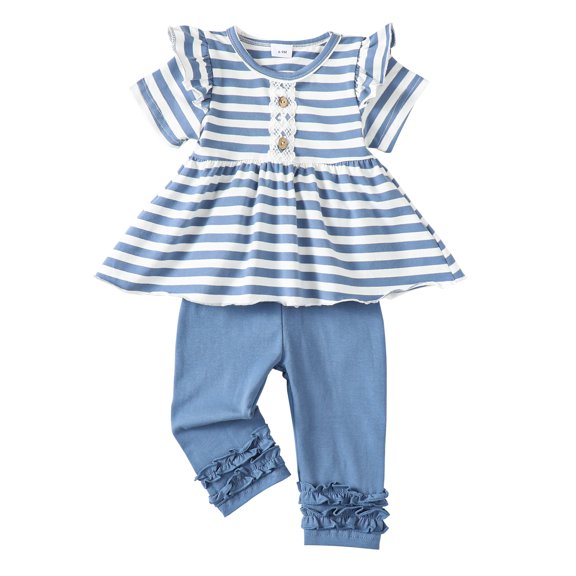 9 Months Baby Girls Clothes 12 Months Girls 2PCS Outfits Set Crew Neckline Infant Girls Short Sleeve Stripe Top Pants Set Blue