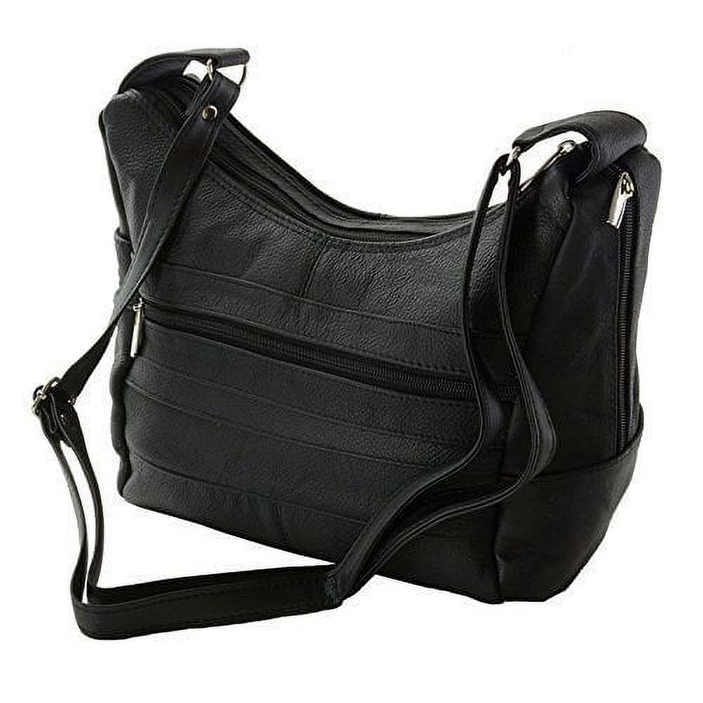 Women's Genuine Leather Purse Adjustable Strap Mid Size Multi Pocket Shoulder Bag (Black)