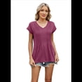 thumbnail image 1 of Blusas de Mujer de Corta de Verano, Informales, con Cuello en V, Blusas Lisas, Túnicas Plisadas Vino Tinto L, 1 of 9