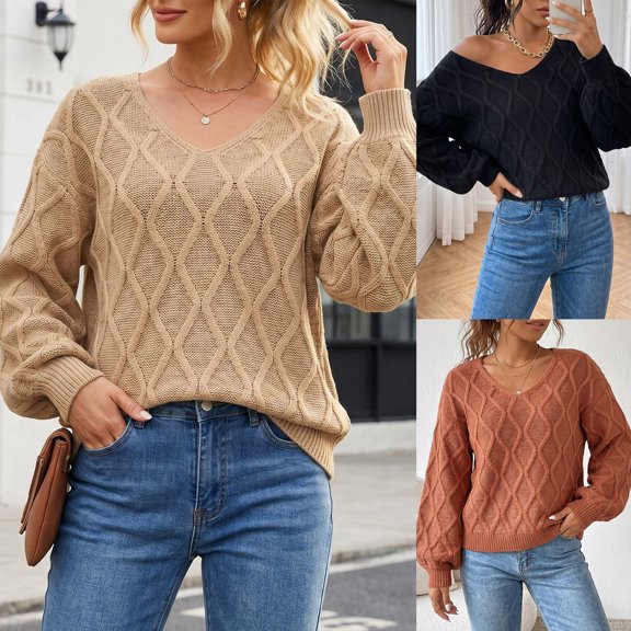 YHAJDS Pullover Sweaters for Women V Neck Long Sleeve Loose Casual Knit Tops Winter Outfits
