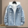 thumbnail image 3 of Men Denim Jacket Ripped Button Closure Solid Color Streetwear Spring Autumn Outerwear Loose Holes Jeans Coat for School, 3 of 7