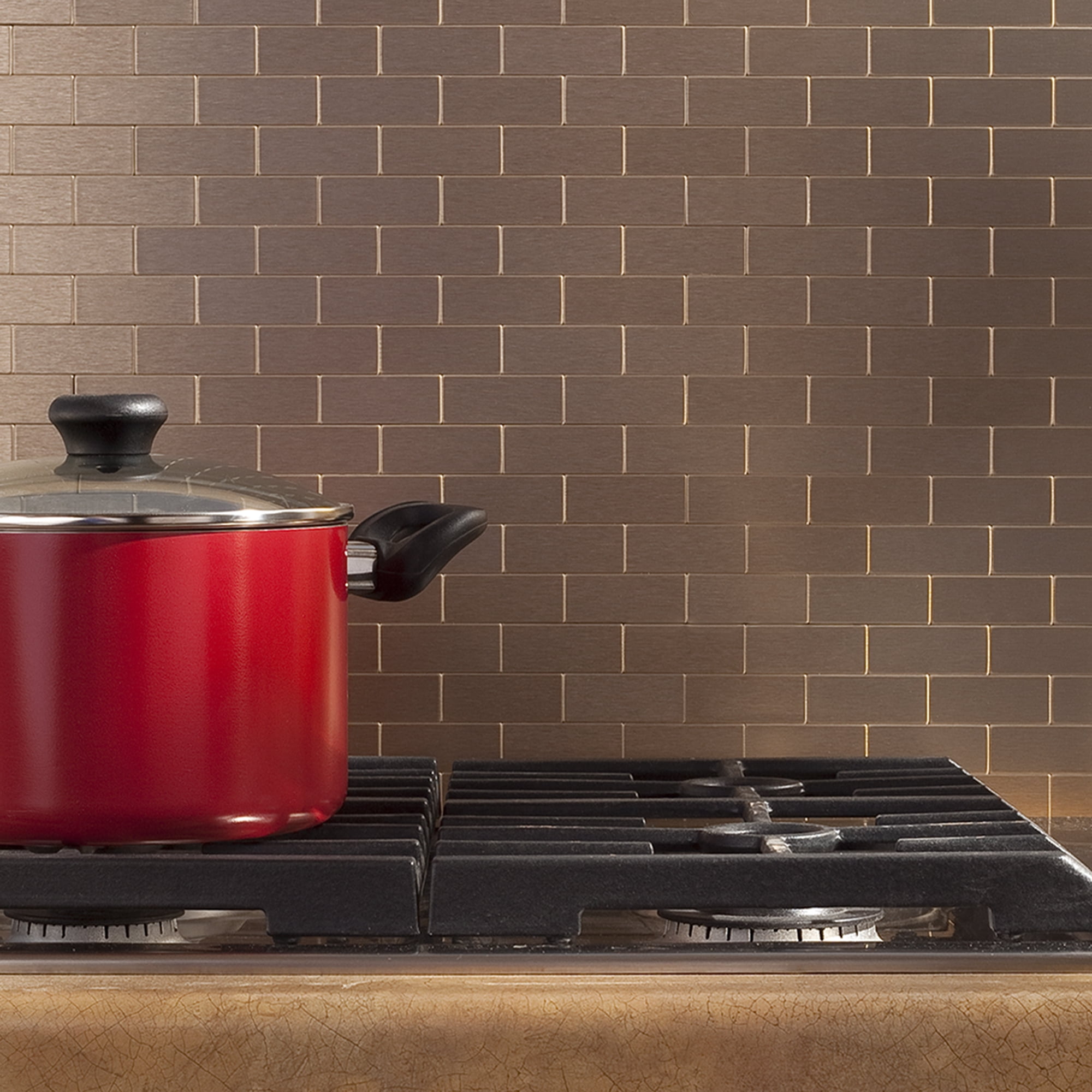 Aspect Peel and Stick Backsplash 12inx4in Subway Champagne Matted Metal Tile 15 Sq Ft Kit for Kitchen and Bathrooms